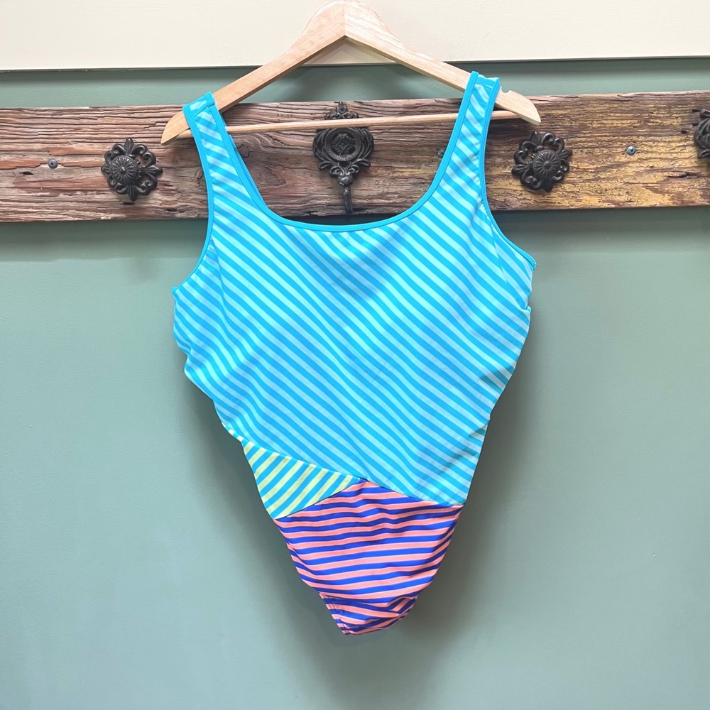 Lands End Womens 20W One Piece Swimsuit Blue Striped Colorblock Scoop Neck NEW